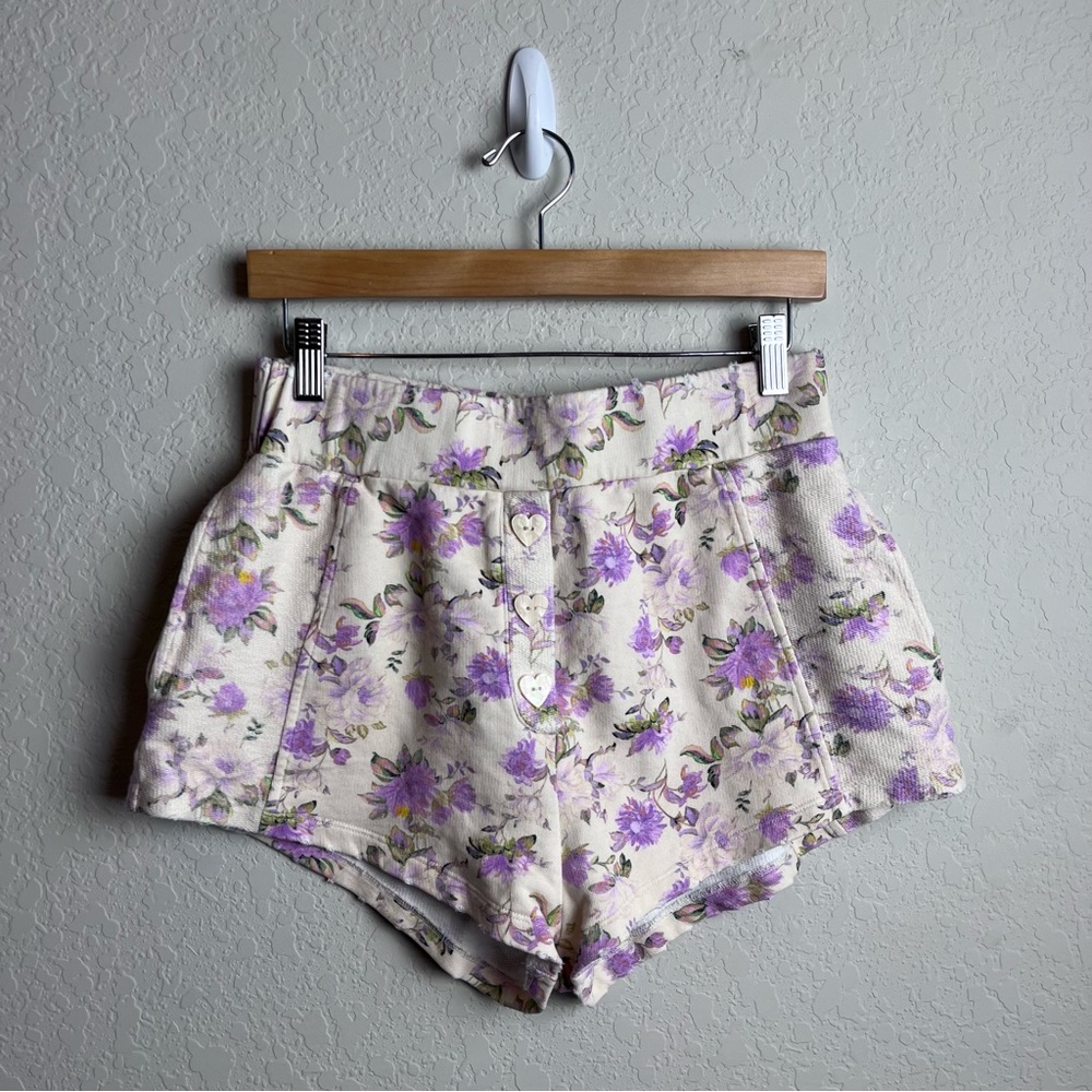 LoveShackFancy Renato Floral Print Shorts M Cotton Jersey Ultra Violet Clouds - Picture 7 of 14